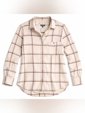100% Cotton Relaxed Fit Universal Thread Plaid Button Down Small White Brown